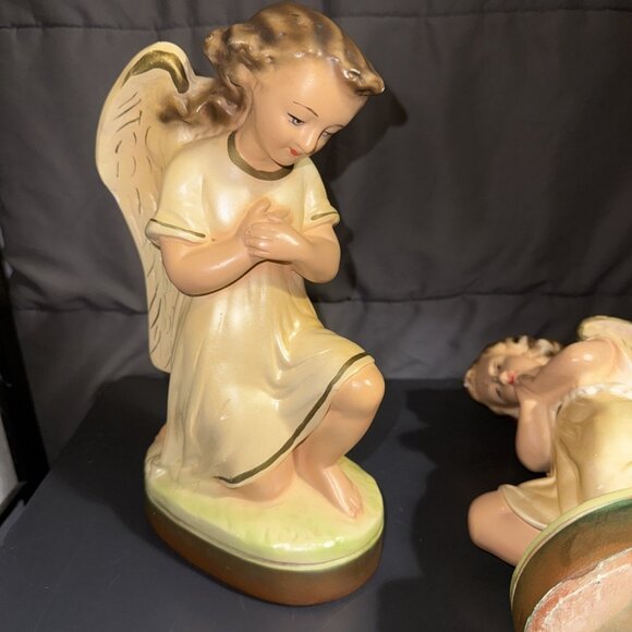 Christmas Angels Kneeing Set Nativity Figurines 1950 Solid Plaster Painted CHIPS - Picture 16 of 16